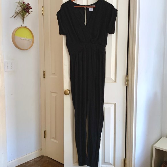 Black Deep V-Neck Jumpsuit - Picture 1 of 6